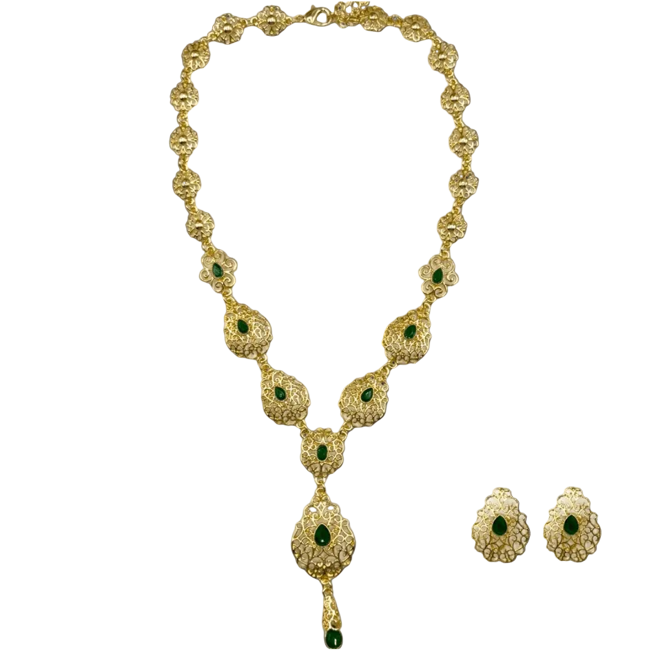 Parure dorée avec pierre verte – Elydria | Mitsury